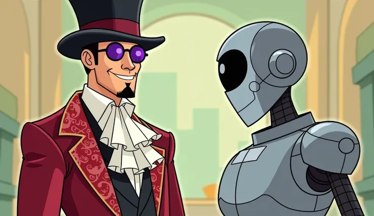 Create an image in the style of Hanna-Barbera of a man resembling Matt Bomer with a goatee, a white ruffled shirt, a red damask jacket, a top hat, dark pants, and round sunglasses with purple lenses, talking to a friendly robot