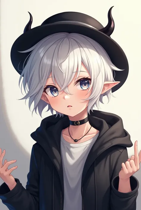 An anime-style human boy with white hair combined with creamy-colored skin with black clothes and a jacket between open, a black hat and black horns as an accessory and black eyes.