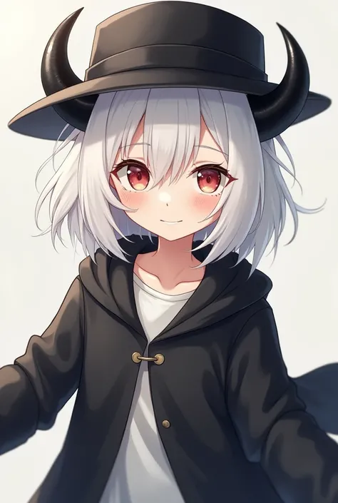 An anime-style human boy with white hair combined with creamy-colored skin with black clothes and a jacket between open, a black hat and black horns as an accessory and black eyes.