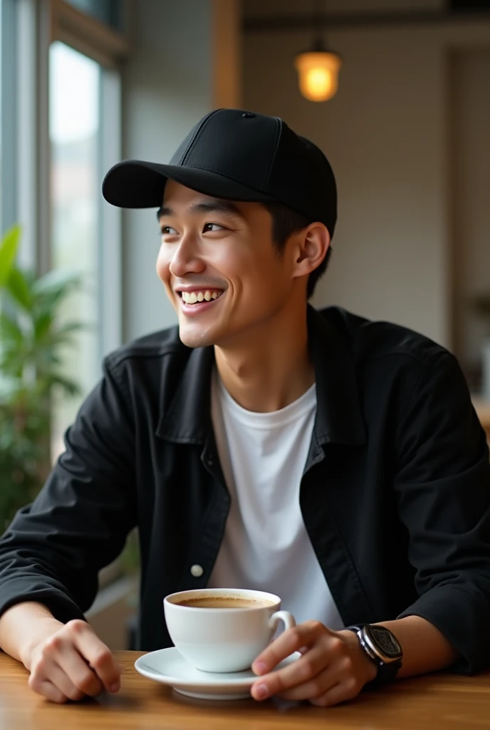 Watch a 30 year old Indonesian man smiling at the camera, a rather thin body wearing a black baseball cap, wearing a white t-shirt combined with a black jacket, sitting on a cape in front of him there is a table on the table there is a cup of coffee, The m...