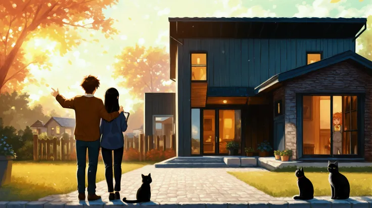 A cheerful and informative thumbnail design for a blog post about new home purchases. The image features a young, happy couple standing in front of a newly built modern house. The man points toward the house with excitement, while the woman holds a small n...