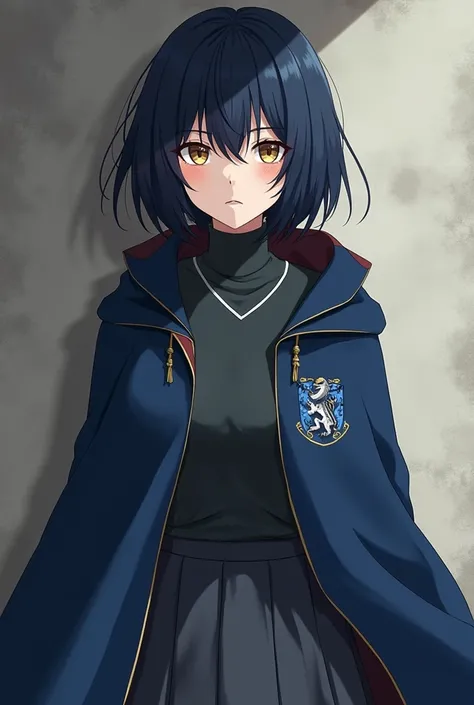 (obra de arte, qualidade máxima, melhor qualidade, Arte oficial, bonito e estético:1.2) A serious, closed-off anime woman who studied at Hogwarts, with dark blue hair, golden eyes, fair skin, dressed in a ravenclaw cloak, a gray sweater, a black t-shirt un...