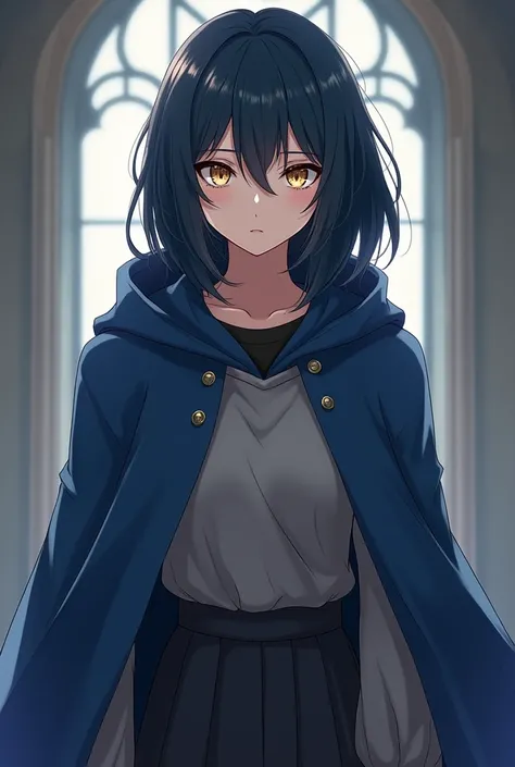 (obra de arte, qualidade máxima, melhor qualidade, Arte oficial, bonito e estético:1.2) A serious, closed-off anime woman who studied at Hogwarts, with dark blue hair, golden eyes, fair skin, dressed in a ravenclaw cloak, a gray sweater, a black t-shirt un...