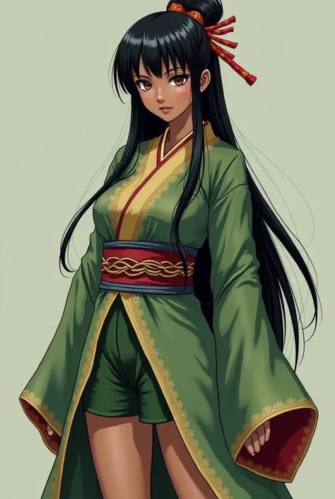  A DEMONS SLAYER style girl with a dark skin color, long black hair and a subtle updo , light brown eyes ,  with very big legs and a nice kimono like Shinobu from Demons Slayer color green anime version