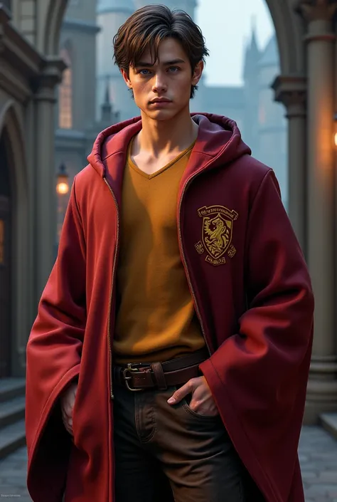 
1 male, older teen, realistic, athletic build, gryffindor clothes, dark auburn hair, violet eyes, fair skin