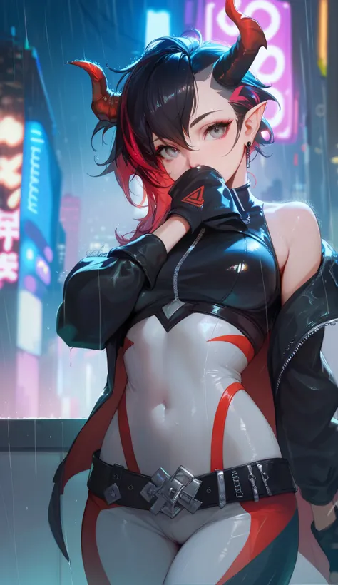 portrait, 1 demon girl, beautiful face, beautyful horns, asymmetrical hair, multi-colored hair, belt, bodysuit, covered mouth, covered navel, detached sleeves, grey eyes, hip vent, open jacket, cute, look at viewer, night city, neon, rainy, full body