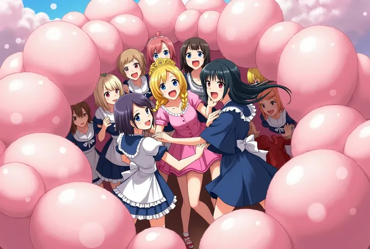 An anime-style art depicting many maids and many girls and 1princess and 1lady playfully wrestling with each other inside a pink comical fight cloud.
each girl and maid has different colored hair: one princess with blonde braided and blue-eyes and pink-dre...