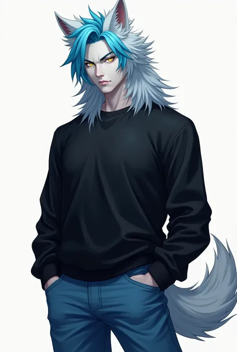 (Art work,  maximum quality,  Better quality, official art,  handsome and aesthetic :1.2) a wolf ,  white wolf ears , blue hair, Wolf tail,  white skin ,  golden eyes, wearing a black sweatshirt and blue jeans.