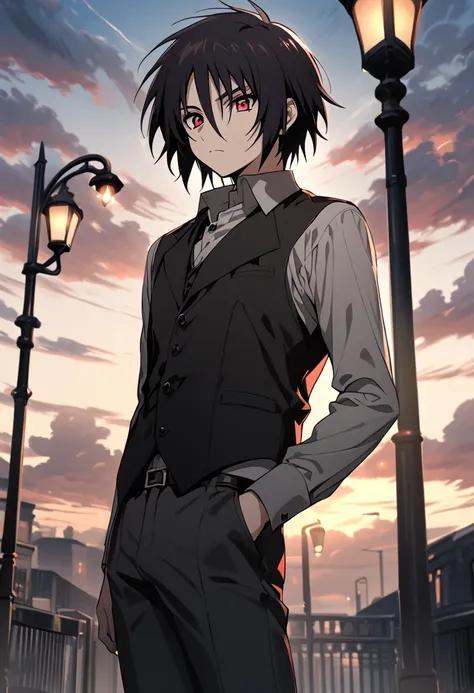 Shinn Asuka, solo, looking at viewer, short hair, black hair, long sleeves, 1boy, red eyes, hair between eyes, closed mouth, standing, male focus, outdoors, sky, collared shirt, pants, cloud, dress shirt, cross, black vest, hand in pocket, lamppost