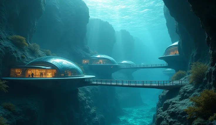 VIEW FROM A HIGH ANGLE IN PERSPECTIVE ,  AERIAL VIEW Beneath the waves of the Pacific lies a jewel of engineering and art:  BETWEEN A GIGANTIC INTRICATE CANYON AT THE BOTTOM OF THE OCEAN a dream underwater city , a paradise hidden from the human eye .  Ima...