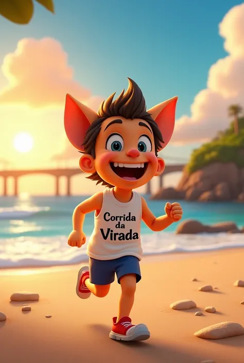 Chaves celebrating Happy New Year dressed in running clothes, running, Beach and a bridge in the background , short, tennis, , (((Corrida da Virada in front of the white tank top))), sunrise, ((Pixar style))