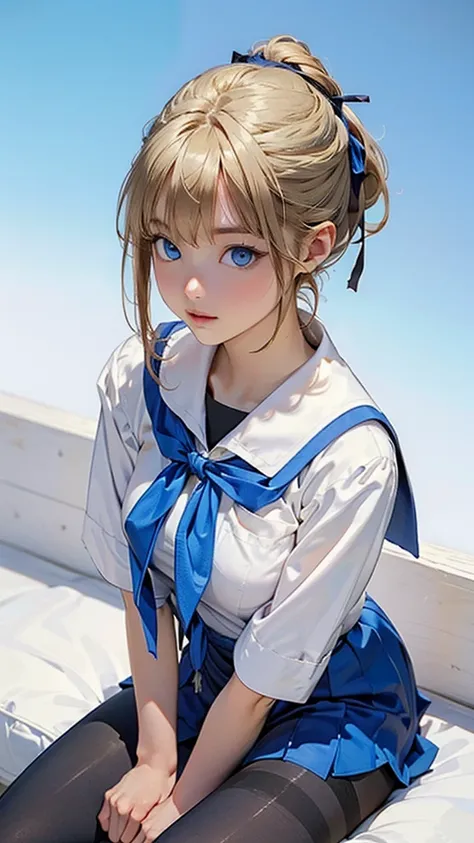  is completely anatomically correct, A Extremely Beautiful Anime Girl (((School Uniform, Black Pantyhose, Perfectly tied ribbon))), Big breasts, video, (((Half updo Blonde Hair, Blue eyes))), inviting, top quality,  textured skin,  thin legs  