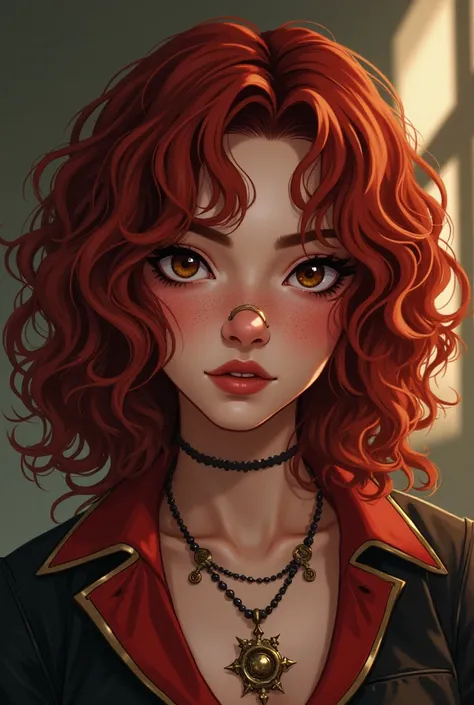  a girl in the style of Arcane with dark red curly and layered hair,  at shoulder height.  with brown eyes,  freckles and slightly and slightly Asian features . With a septum piercing and thick eyebrows .  The design has to be in the style of the Arcane se...