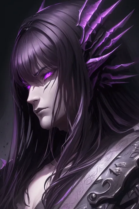 a man with long black hair, black armor, purple eyes, highly detailed, 8k, photorealistic, cinematic lighting, fantasy art, dark moody atmosphere, dramatic pose, intricate details