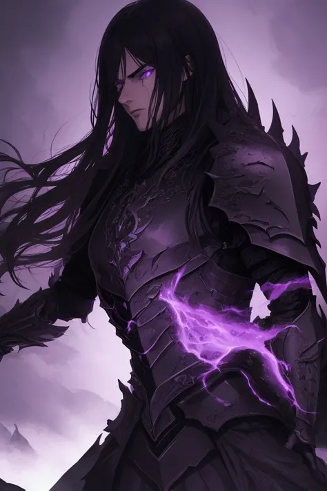 a man with long black hair, black armor, purple eyes, highly detailed, 8k, photorealistic, cinematic lighting, fantasy art, dark moody atmosphere, dramatic pose, intricate details