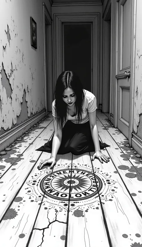 Create a line drawing illustration scenario: Please draw a beautiful girl drawing a curse on the floor of a decayed Western-style building, With a pen in hand. You should be able to see a number of curse words all over the floor, The girl mutters resentmen...