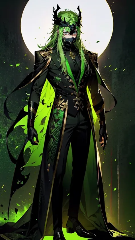 4K quality,  detailed description,  perfect style,  muscular man, (Wear a mask ), Glowing green,  long hair, Black clothes,  full body view