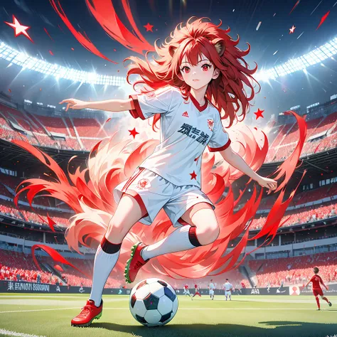 Create a humanoid lion soccer player in a uniform of white and red stars playing soccer with a white ball, red stars and in the background the name Johnny uses a soccer design, 8k quality, high quality, high definition, high reality, level 3D, HD lighting,...