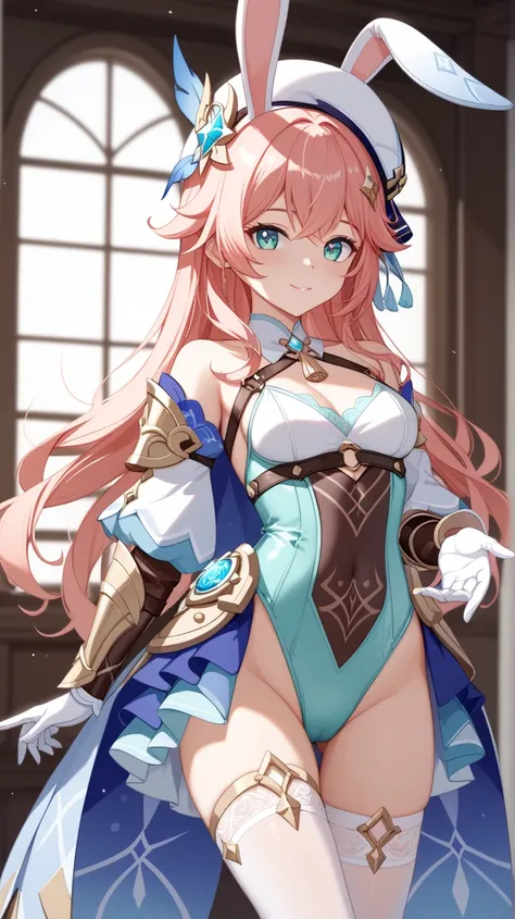 Genshin Impact、anime、Ochibi、Young girl、Eye star、 Light Cyan and Pink Two-tone Color 、 long hair、  colorful 、 cute、 cool 、 high leg swimsuit、Underwear Tights 、 wedding gloves、 white body armor 、 Leg Armor 、Bunny Dress、ワンダーバニー silk hat、 silk hat、 Arm Armor G...