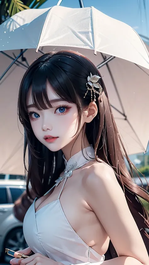  A girl with light purple hair ，wavy hair， Double Ball Head ，Adorned with hair ornament ， wears a purple chiffon skirt with pink lace top， Exquisite umbrella in hand ， Micro-mysterious expression ， big eyes，White Gloves， blue eyes。