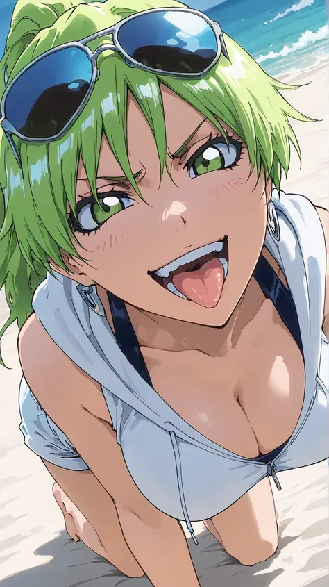 candice(BLEACH)
 High Quality , 最 High Quality , masterpiece,  high res, detailed face ,,  anatomically correct,
 1 girl, Alone,  Candice Catnip , Green Hair,  green eyes, Gal-like appearance,gals
Turn your gaze ,
Big Breasts,   sunglasses on the head, whi...