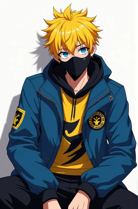  Make a man of yellow hair black blue
Wearing a black mouth mask
Wearing a toman uniform in (Tokyo revengers)
 Wearing a shishitoren jacket in  ( wind breaker )
 Is sitting on behalf of  "SI WIBU "
 white background