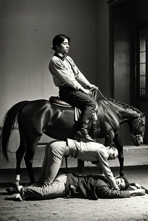 Korean Jung and Lebanese Ali. The picture shows Jung in the position of Alis horse, completely at Alis mercy. Jung on his knees, with Jungs head lowered in a submissive pose. Jungs back is arched slightly, putting Jungs body into an open and vulnerable pos...