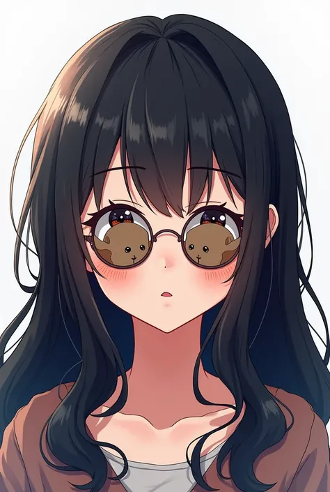  black-haired girl  ( long and without a circle ) and lenses with a capybara  (The dog is medium )  with very little hair on the head) (Anime version) ( with white background)