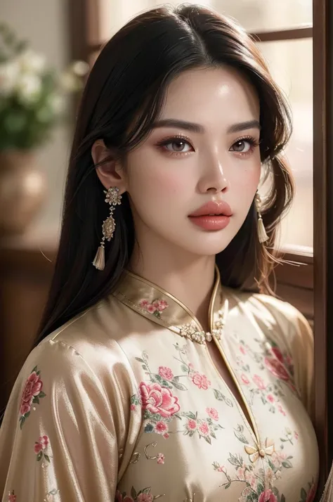 beautiful detailed eyes, beautiful detailed lips, extremely detailed eyes and face, longeyelashes, 1girl, elegant chinese dress, intricate floral patterns, delicate facial features, soft lighting, warm color palette, cinematic composition, photorealistic, ...