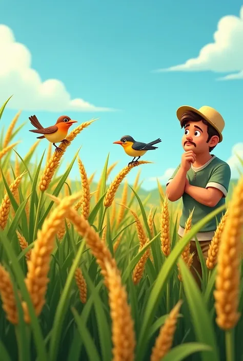 A close-up view of several small birds perched on ripe golden paddy plants, pecking at the grains. The farmer stands nearby with a worried expression, holding his chin while observing the birds. The backdrop is the same green paddy field with scattered clo...