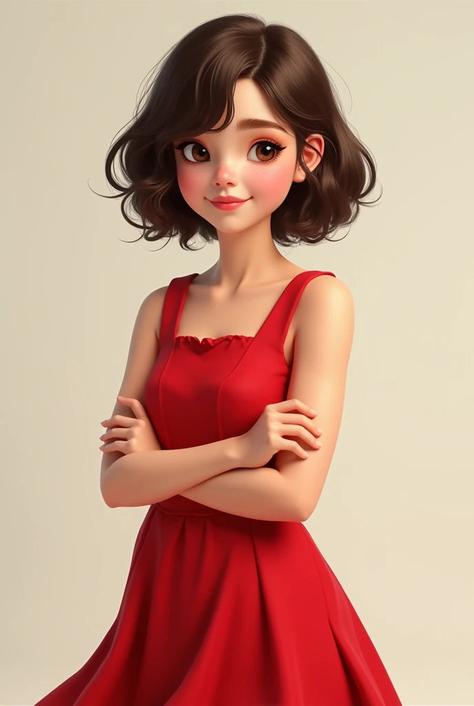 girl with short brown hair and  a red sleeveless dress