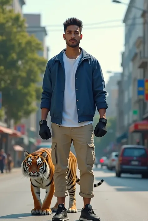 A handsome Indonesian man with short hair, a little teasing, white shirt, today&#39;s jacket, blue size, short sleeve length, cargo pants 3 /4 cream colors, black and white sports shoes,  wearing black gloves and holding a dino rangers symbol and a fist we...