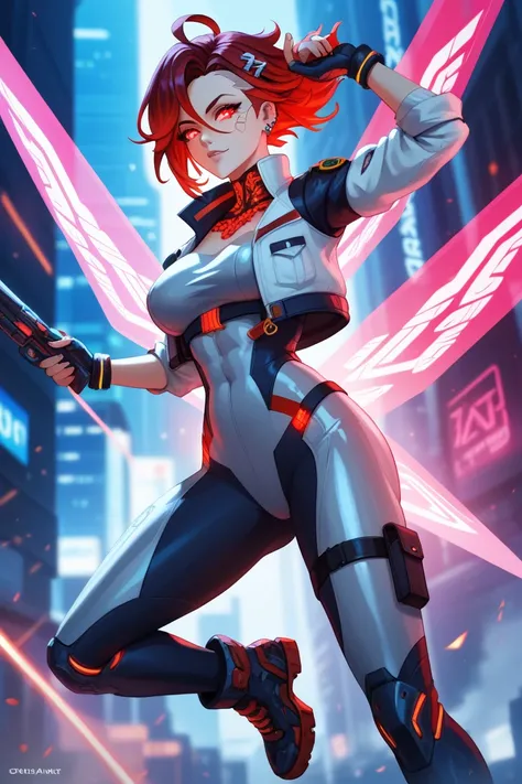 "A breathtaking female character with flowing, fiery red hair and piercing red eyes, inspired by the sleek, modern art style of Zenless Zone Zero (ZZZ). She stands in the foreground of a dramatic, highly detailed illustration, exuding strength and elegance...