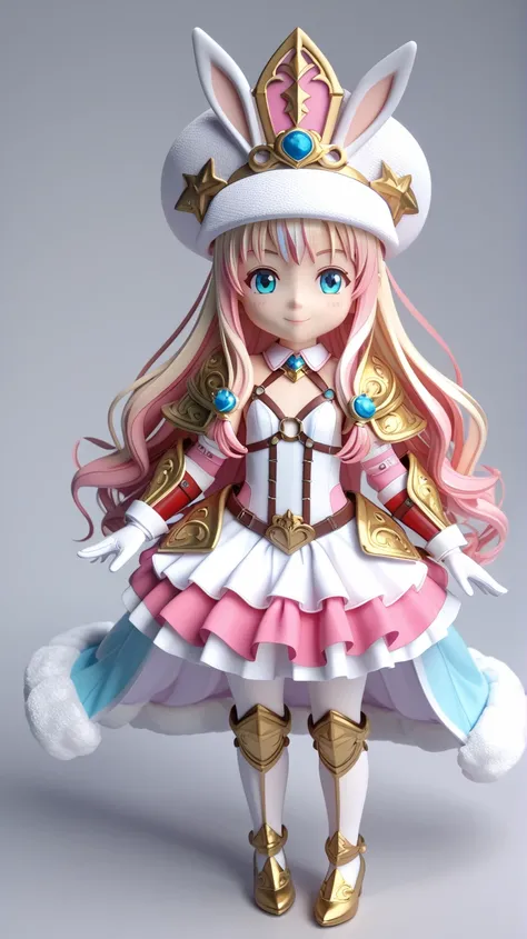 final fantasy、3D Model、anime、Ochibi、Young girl、Eye star、light cyan and pink two-tone hair、 long hair、  colorful 、 cute、 cool 、 high leg swimsuit、Underwear Tights 、 wedding gloves、 white body armor 、 Leg Armor 、Bunny Dress、ワンダーバニー silk hat、 silk hat、 Arm Ar...