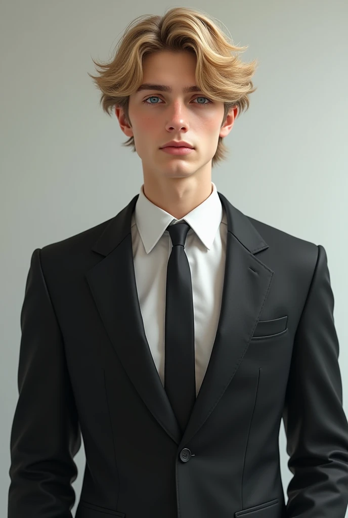 A  boy with blonde fluffy hair, blue eyes, Pale skin, his height is 60. He is wearing a men suit a long sleeves white shirt and black blazer with necktie. Not an anime a real picture