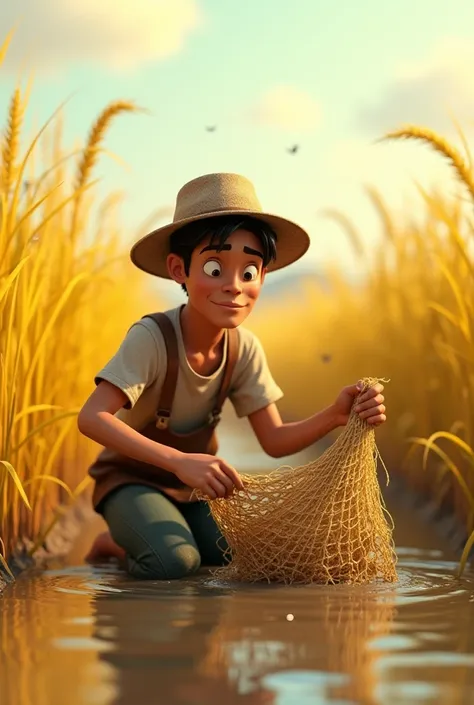 The farmer is kneeling in his paddy field, carefully setting up a handmade net trap. His face looks determined as he works. The golden paddy plants sway gently in the breeze, with a few birds visible in the background. Realistic 3D cartoon picture