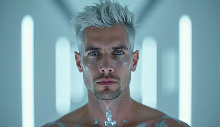 A 30-year-old Caucasian man with short, vibrant silver hair. His face showcases mixed tones of silver and metallic hues with neon-like silver highlights, giving his skin a polished, metallic silver appearance in a cyberpunk style. The image should display ...