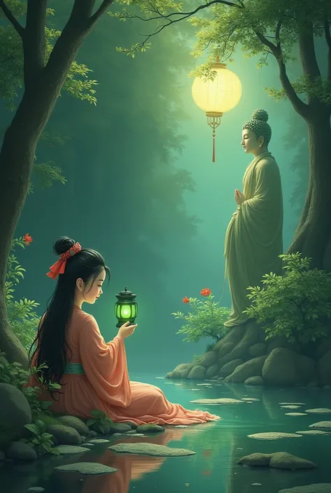 Exploring the Three Spring Scenery is not long ， Downing and changing her makeup from the past。 Poor Embroiderer Hou Mengnu ， Lying Alone by the Ancient Buddha with a Green Lantern 。Use this scene to create stickers