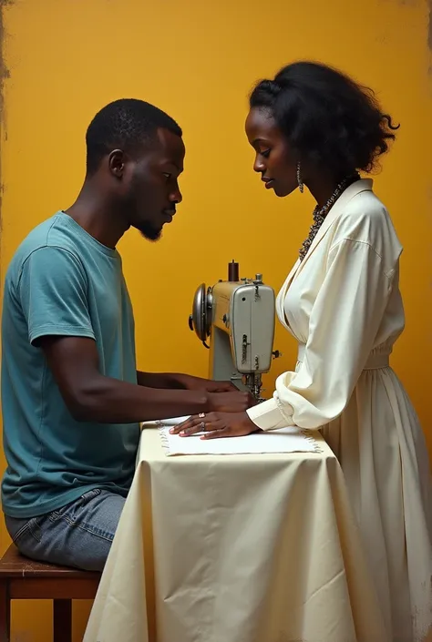 Une affiche de film : Un pauvre couturier noir sénégalais assis devant sa machine à coudre et une femme noire sénégalaise en robe de marié blanche qui fait face au couturier. Il est écrit sur laffiche : "Cheikh". Le couturier est mince, le visage imberbe. ...