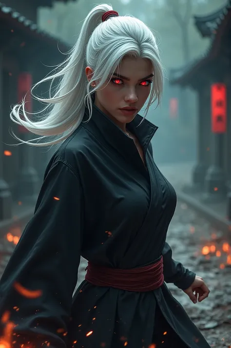  ninja with a hairstyle in the middle, Woman with white hair and red eyes