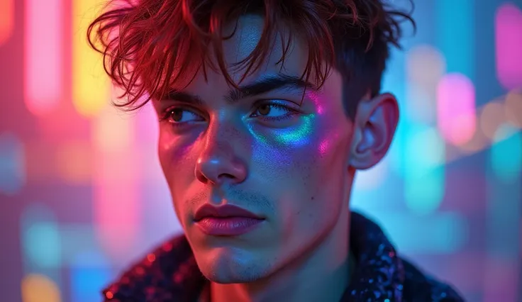 An 18-year-old Caucasian man with short, vibrant multicolored hair. His face features a mix of vivid tones with neon-colored highlights, giving his skin a luminous and cyberpunk-inspired appearance. The image should display his full face, hair, and shoulde...