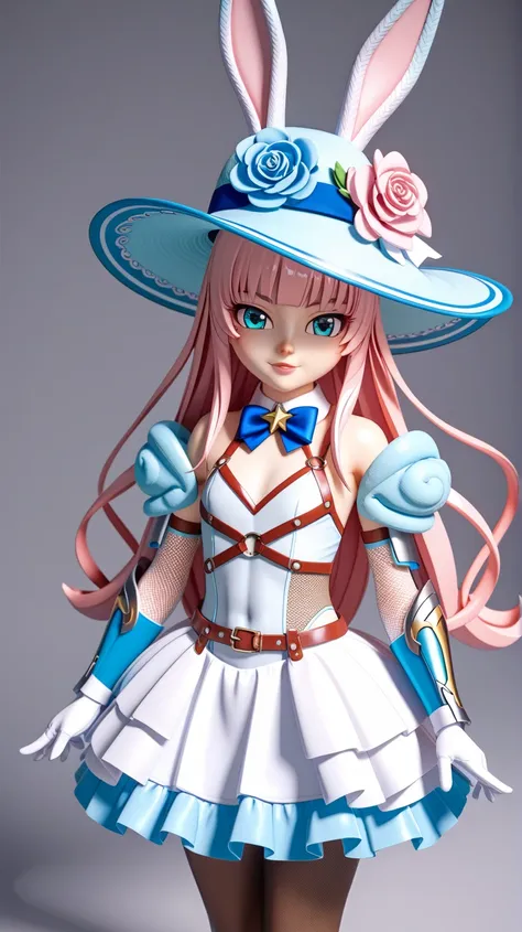 Taimanin、3D Model、anime、Ochibi、Young girl、Eye star、 Light Cyan and Pink Two-tone Color 、 long hair、  colorful 、 cute、 cool 、 high leg swimsuit、Underwear Tights 、 wedding gloves、 white body armor 、 Leg Armor 、Bunny Dress、ワンダーバニー silk hat、 silk hat、 Arm Armo...