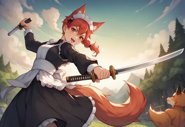  an anime girl with a sword in the woods, She has a katana ,  she holds a sword , With a sword on his shoulder, Draw the sword, katana, Maid,  a fox ninja holds a naginata, Arsene Lupin as Paladin while holding a sword ,  dramatic sword swing pose ,  video...