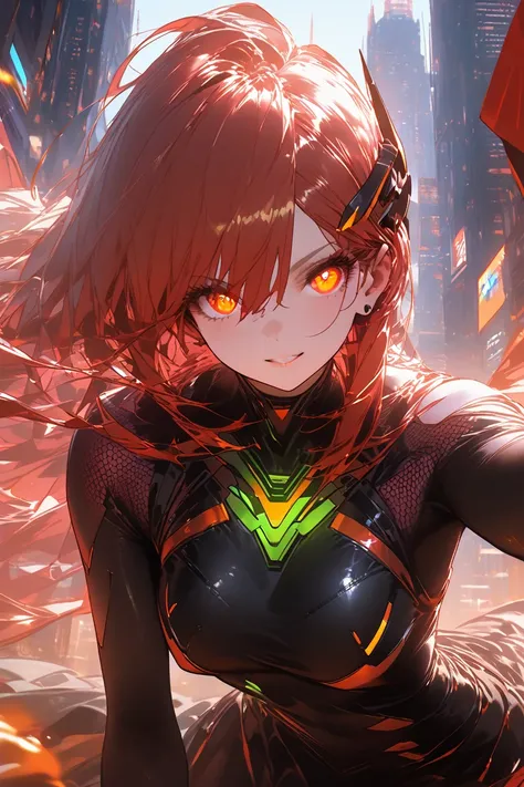 "A breathtaking female character with flowing, fiery red hair and piercing red eyes, inspired by the sleek, modern art style of Zenless Zone Zero (ZZZ). She stands in the foreground of a dramatic, highly detailed illustration, exuding strength and elegance...