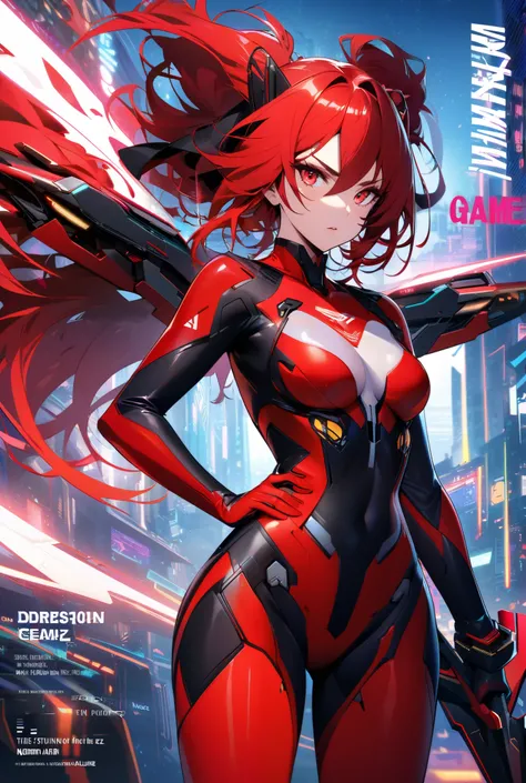 A stunning female character with vibrant, flowing red hair and intense, glowing red eyes, exuding an aura of mystery and power. Her appearance is inspired by the sleek, modern art style of the game Zenless Zone Zero (ZZZ), blending futuristic and anime aes...