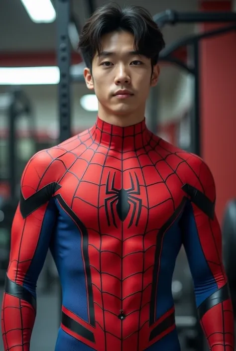 Handsome and sexy Korean teenager, teenager, young, male, wearing Spiderman costume while showing his sixpack abs, muscular, sixpack, young, front view, Korean idol, hot, very muscle, very horny biceps and triceps, photo realistic, realistic, 8k, UHD, sexy...