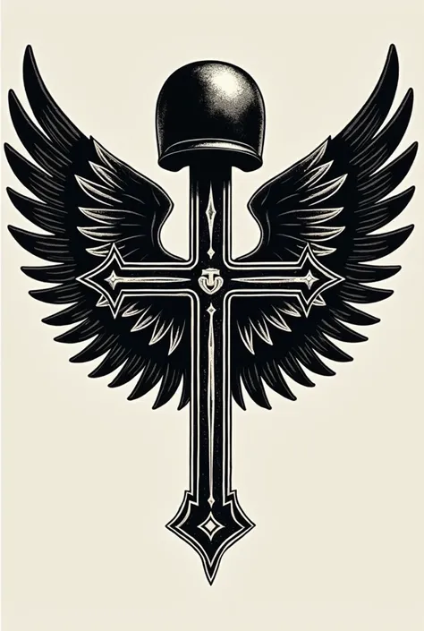 The image features a logo design for Christian motorcycle club with a central illustration of a cross with open wings at the back and a helmet on the top end in a style similar to a vintage black and white design . 