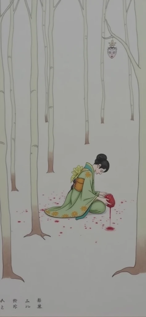 Young geisha ,  on her knees in a dark forest with her heart beating between her cold hands watching her blood fall .  her unfastened kimono in lime green color with golden flowers and her black hair adorned ,  her gaze goes to her heart that she holds in ...