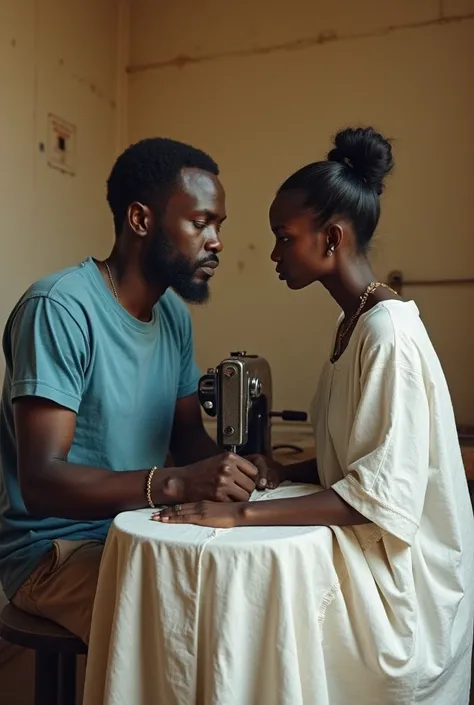 Une affiche de film : Un pauvre couturier noir sénégalais assis devant sa machine à coudre et une femme noire sénégalaise en robe de marié blanche qui fait face au couturier. Il est écrit sur laffiche : "Cheikh". Le couturier est mince, le visage imberbe. ...