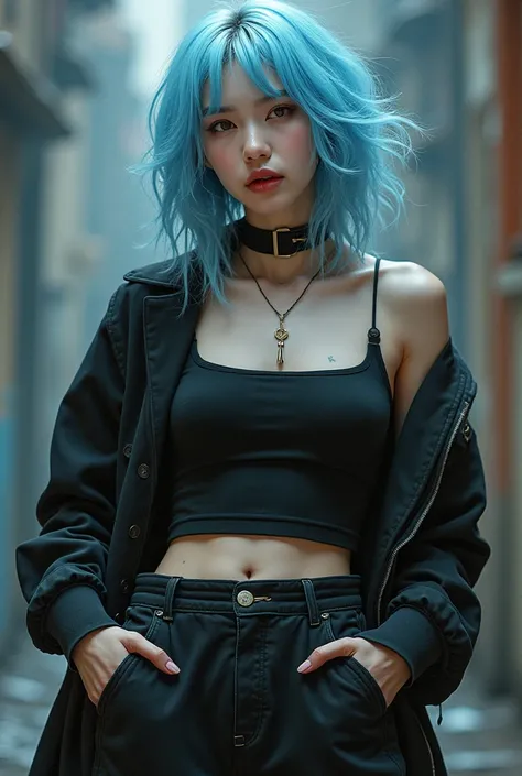  masterpiece  ,  Better quality,  super detailed  ,  full body  , a rebellious Asian singer ,  white skin  , very light blue hair ,  wearing womens casual clothes .